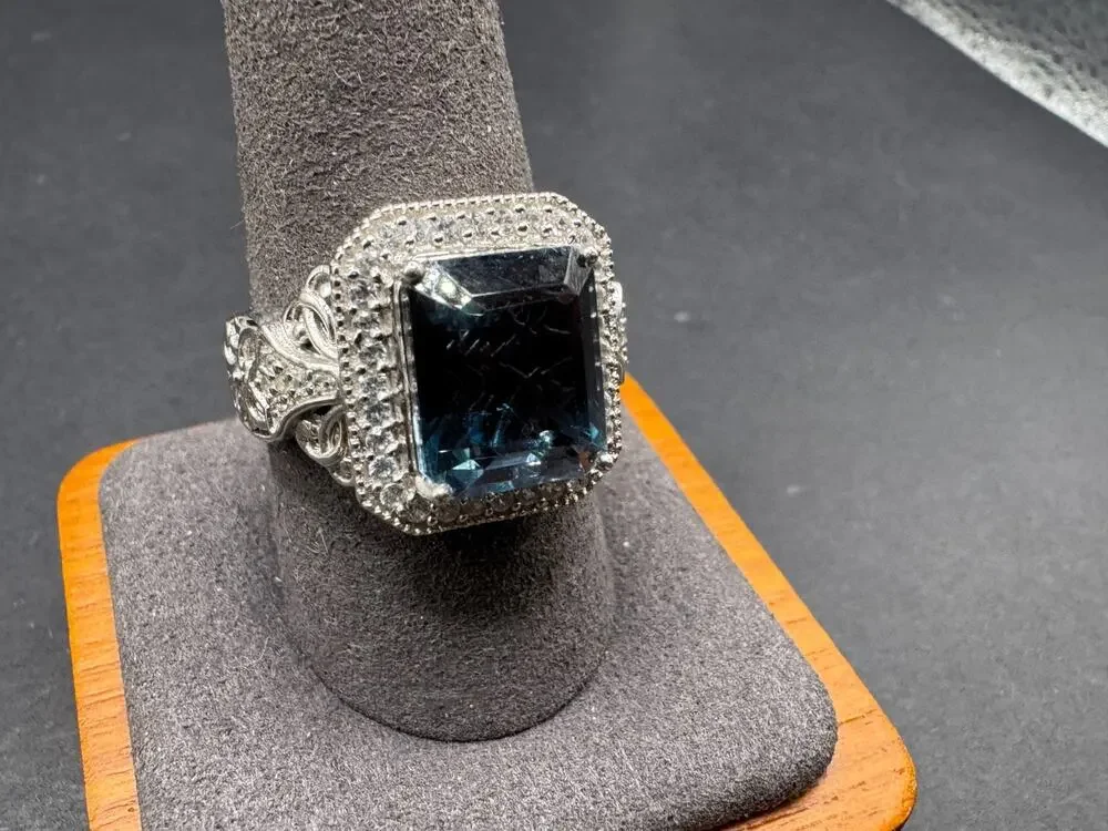 Vtg Style 925 Sterling Silver London Blue Topaz Emerald Cut CZ Halo Ring Sz 10